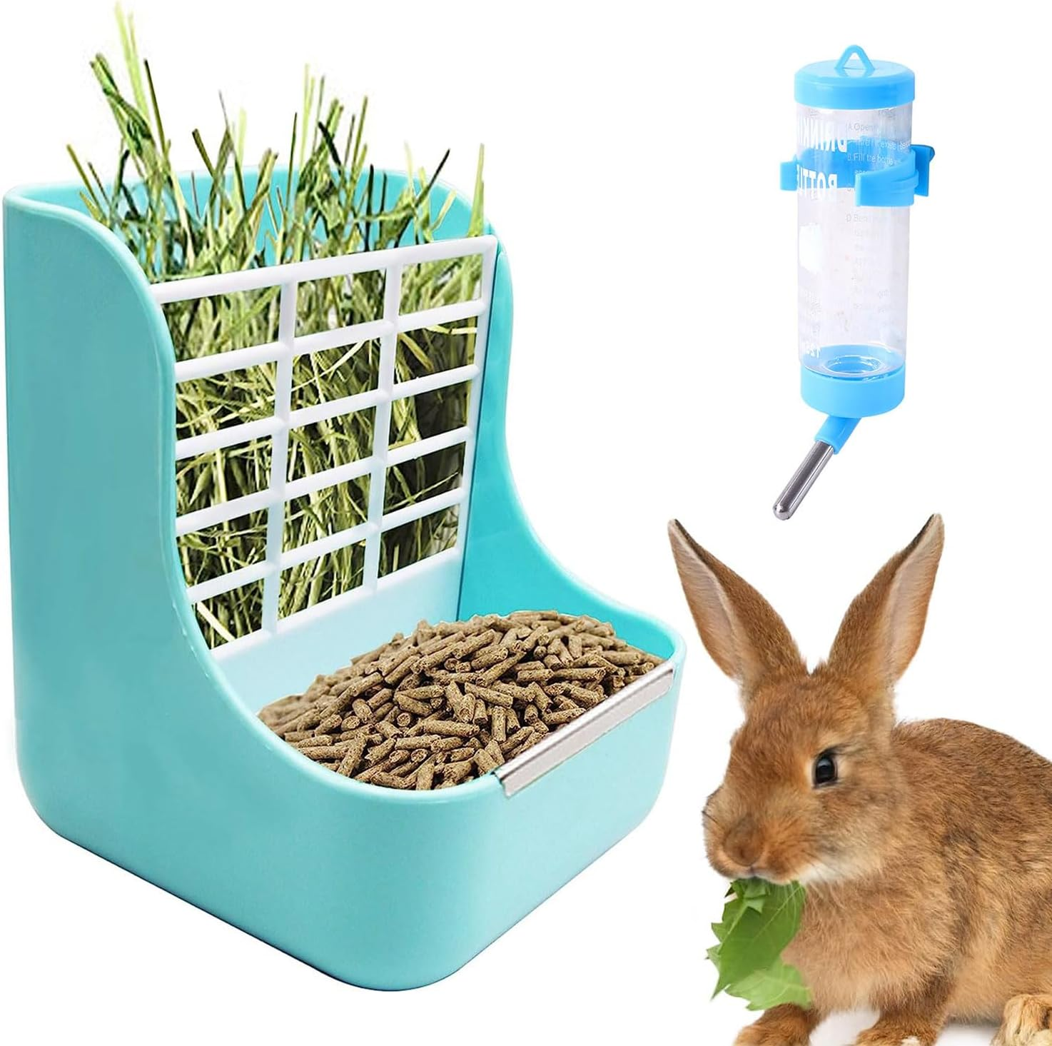 Rabbit Feeder and Water Dispenser Set, Hanging Hay Food Bin, 2 in 1, Food Bowl for Bunny, Chinchillas, Guinea Pigs and Other Small Animals, Keep Hay and Pellet Organized (Blue) image number 2