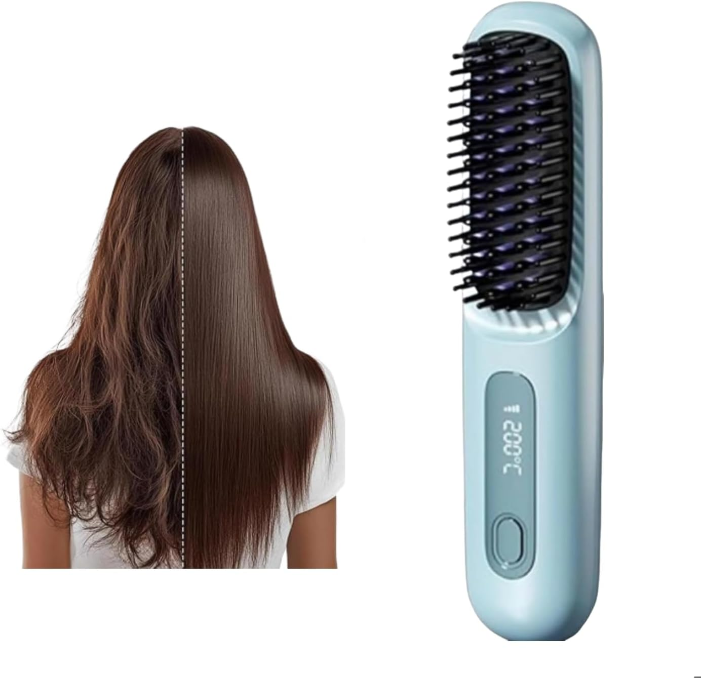 2025 New Cordless Hair Straightener Brush, 2 in 1 Portable Straightener Brush with LED Screen, Rechargeable Hair Heated Brushes for All Hair Type (Pink)