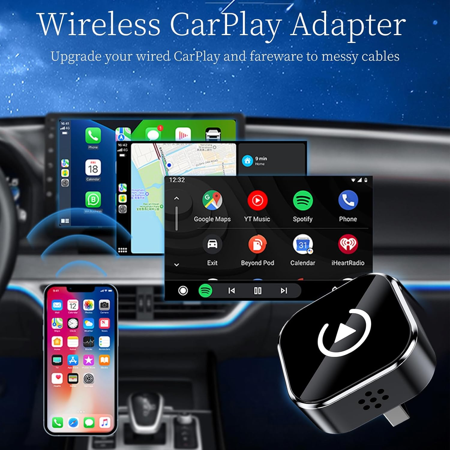 2025 Upgraded Mini Wireless Carplay and Android Auto Adapter 2-In-1 Carplay Dongle Converts Wired to Wireless Plug and Play Wireless Carplay Adapter with USB USB-C Port Black Fast Auto-Connect image number 1