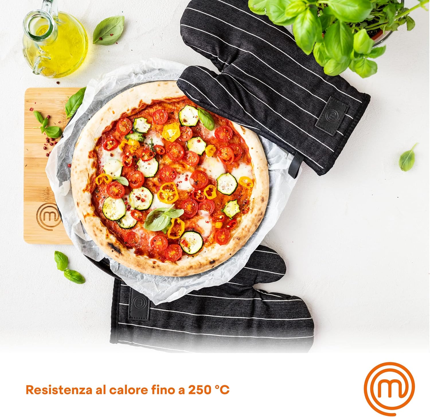 Masterchef Oven Mitts Heat Resistant, Pair of 2 Cooking Gloves, Cotton Oven Mittens, Kitchen Gloves with Vegan PU Leather Logo & Hanging Loop, Machine Washable, Black, One Size Fits All image number 3