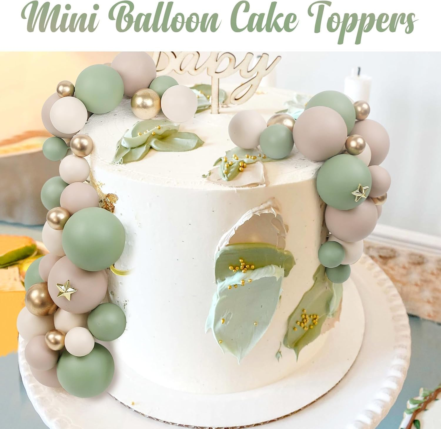 Mini Ball Cake Toppers, Foam Ball Cupcake Insert Toppers, Matcha Green, Light Brown, Khaki, Gold, Ideal for Parties, Baby Shower, Weddings, Non-Edible Cake Decorations, 115 Pieces - Ermaoo