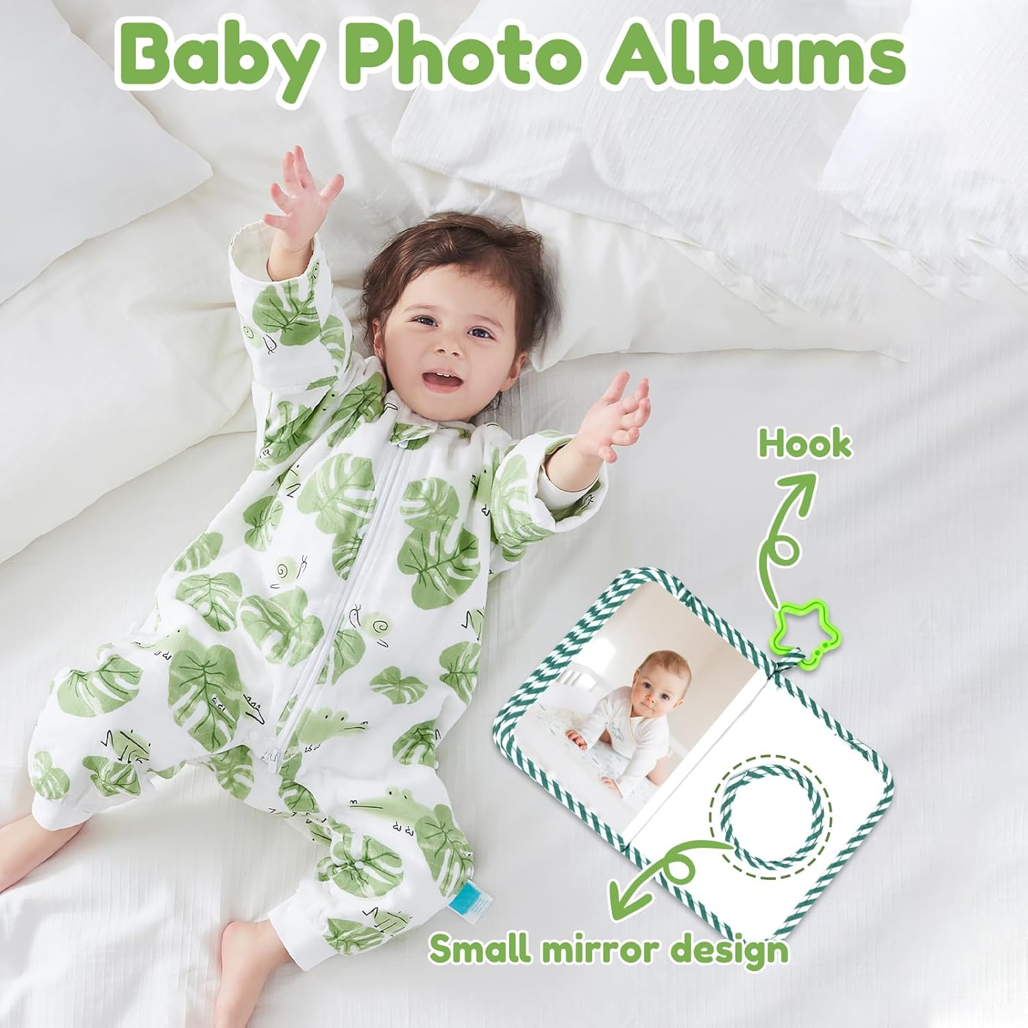 Baby'S My First Family Album,Soft Cloth Baby Photo Album with Safe Mirror,Cute Toddler Family Memory Book Present Holds 17 4X6'' Pictures for Kids Newborn Toddlers (Green) image number 1
