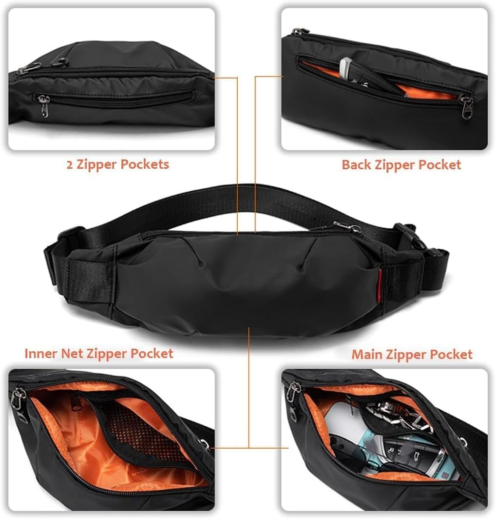 Crossbody Fanny Pack for Men Women, Crossbody Purse Belt Waist Pack with Zipper Pockets Casual Phone Shoulder Bag Pouch for Sports Hiking Travel Walking Running (Black, 36 * 12 * 4Cm) image number 3