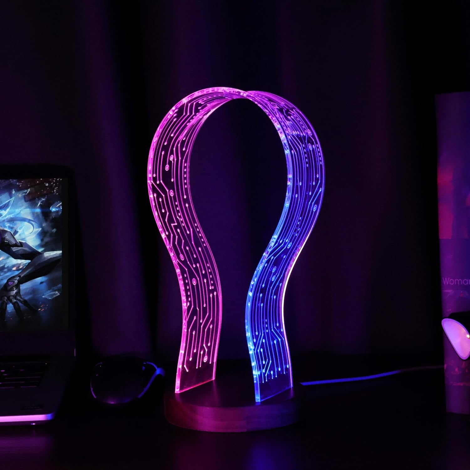Coolgift Mart Gifts for Gamers and Music Lovers, Light up Headphone Stand, Walnut Wood Headset Holder with Blue Pink LED Night Light, Ideal Desk Accessory image number 5