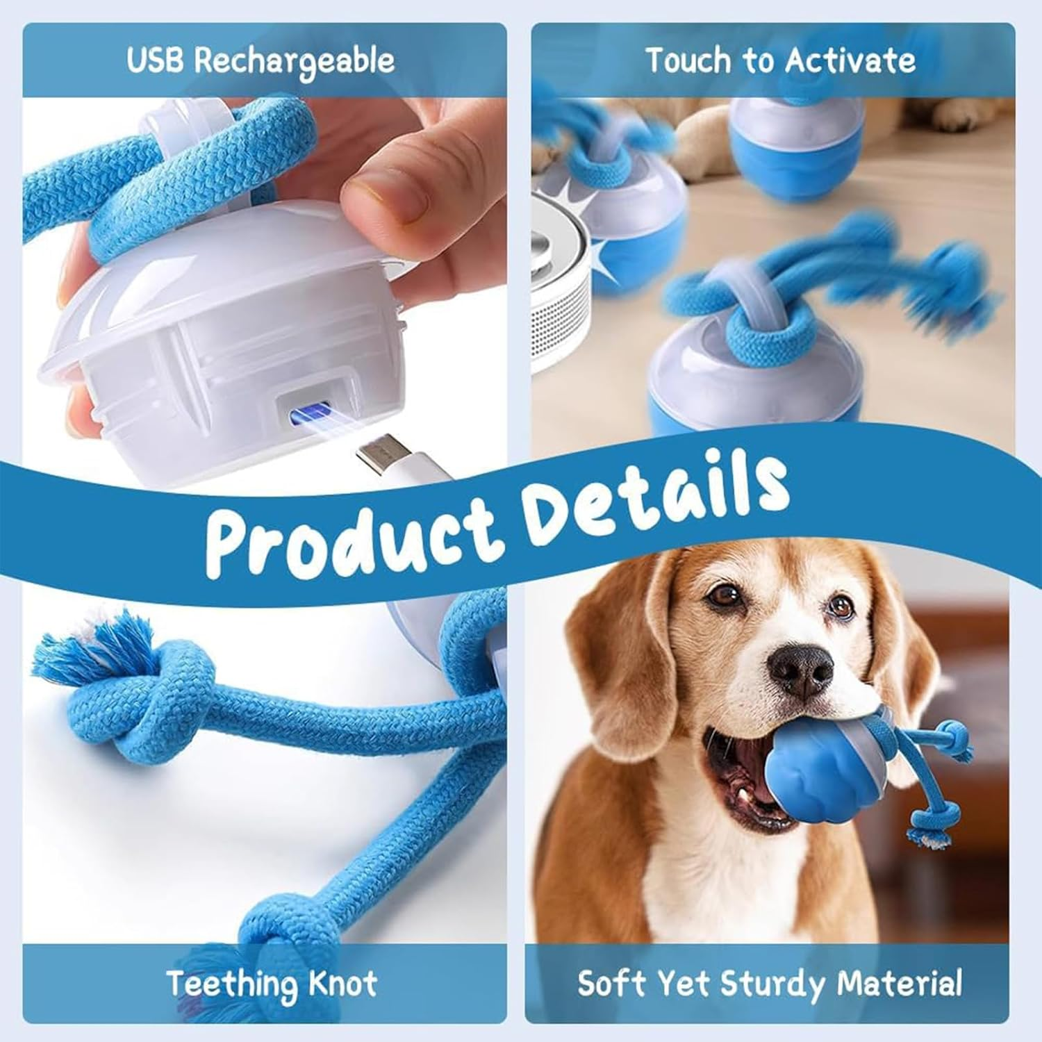 Interactive Dog Ball Toy, USB Rechargeable Squeaky Interactive Rolling Dog Toys Ball, Automatic Moving Dog Ball Chew Toy with Fun Rope for Small/Medium/Large Dog Cat Indoor/Outdoor Boredom Enrichment image number 4