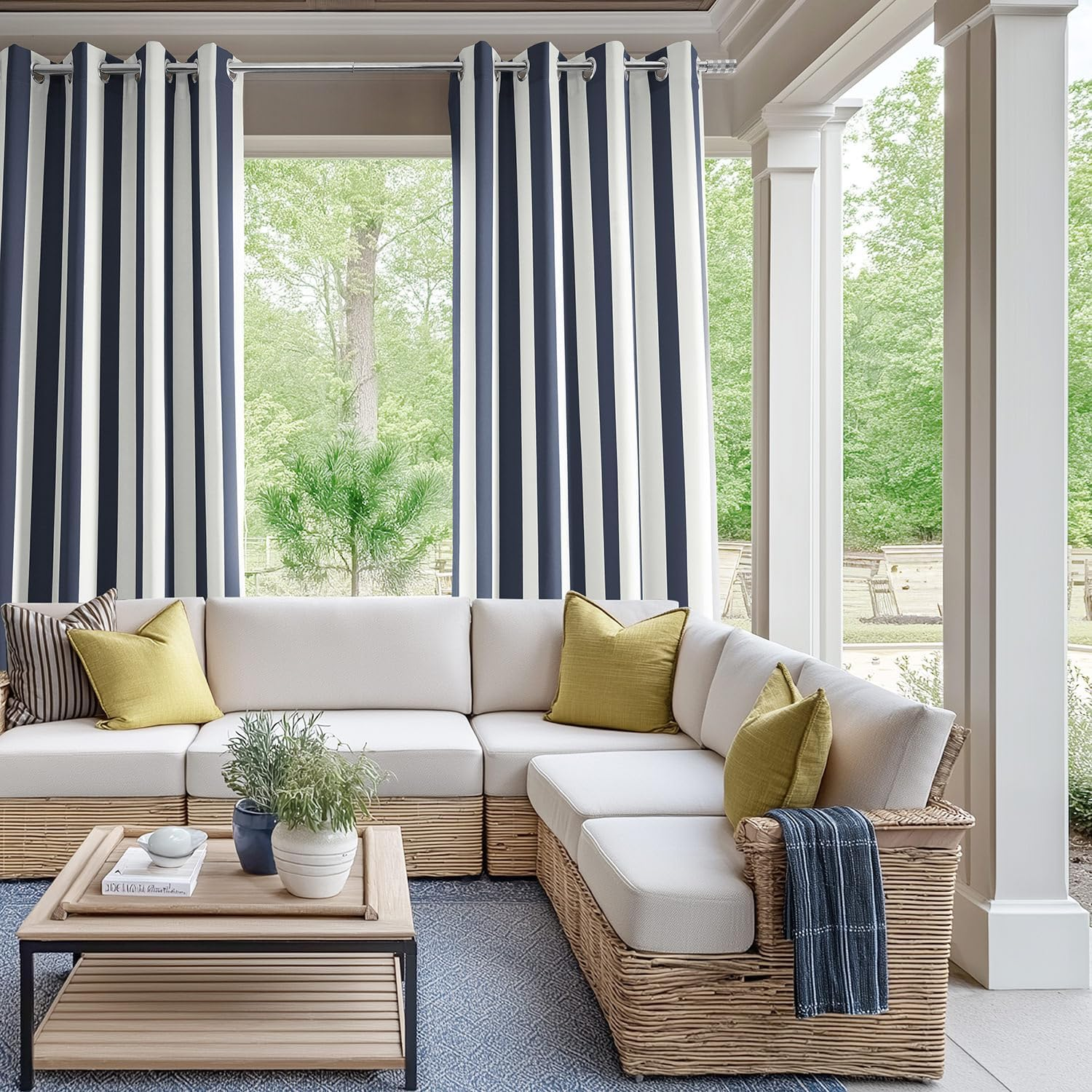 HPD Half Price Drapes Villanova Striped Grommet Outdoor Curtains for Patio (1 Panel) - UV & Water Resistant Light Filtering 200 GSM Polyester Curtains - 50W X 84L, Nautical Navy Blue Stripe image number 5