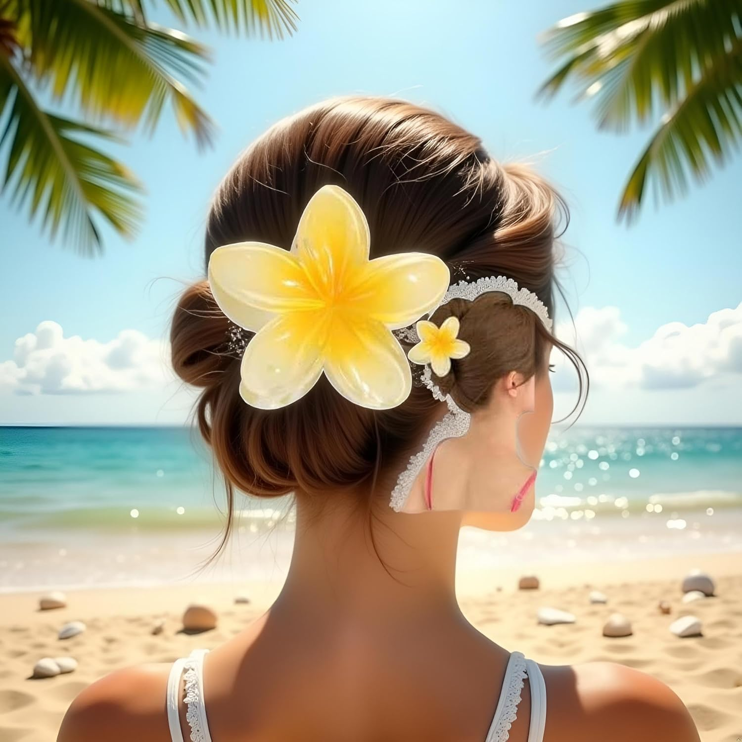 Yellow Flower Hair Claw Clips - Hawaiian Flower Hair Claw Clips for Women | Plumeria Claw Clips for Thin Hair | Strong Hold Jaw Clip | for Girls| Preppy Hair Clip image number 1