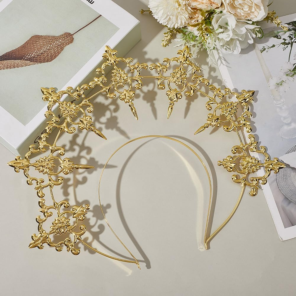 CABODYALS Gold Queen Crown Style Headband Golden Royal Princess Fairy Headpiece Hair Hoop Decor Accessory Plastic Shiny Hairband for Women Christmas Birthday Party Bridal Wedding Halloween Role image number 1