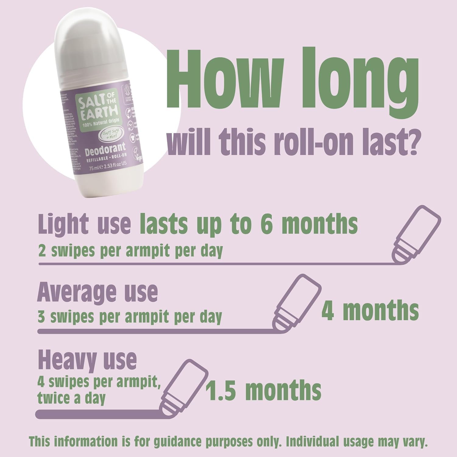 Salt of the Earth - Refillable Natural Deodorant Roll on - Clary Sage & Mint - Effective Long Lasting Protection, 100% Natural Ingredients, Eco Friendly & Vegan - Suitable for Women, Men & Kids - 75Ml image number 2