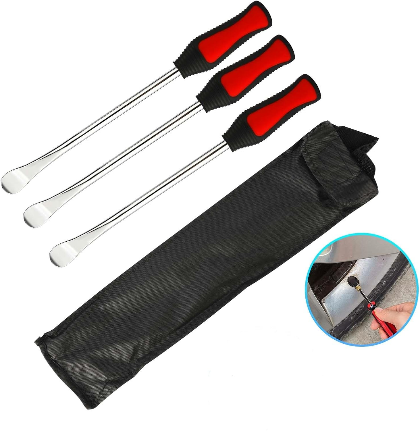 Royouzi Tyre Lever, Tyre Mounting Iron, 23 Suits, 3 X Tyre Lever Mounting Lever Tool, 3 X Wheel Rim Protectors, Tool Kit, 10 Tyre Valve Caps and Caps Tool Set for Motorcycle, Bicycle image number 4