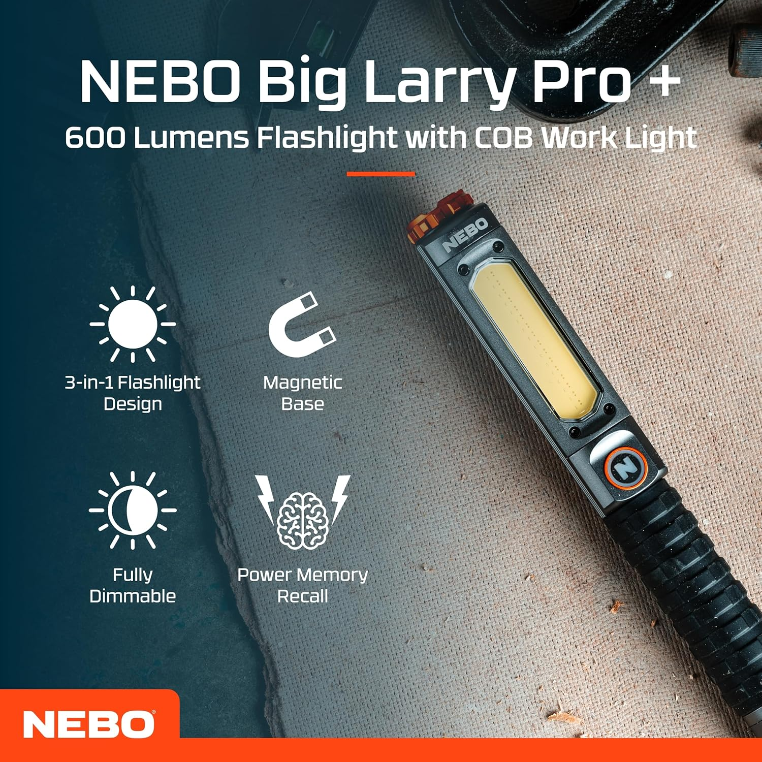 NEBO Big Larry 3 PRO + Rechargeable 3‑In‑1 Work Light & Flashlight &ndash; 600 Lumens COB Light, 220 Lumen Spot, Red Night Vision & Strobe, USB‑C, Magnetic Base, IPX7, Aircraft‑Grade Aluminium image number 5