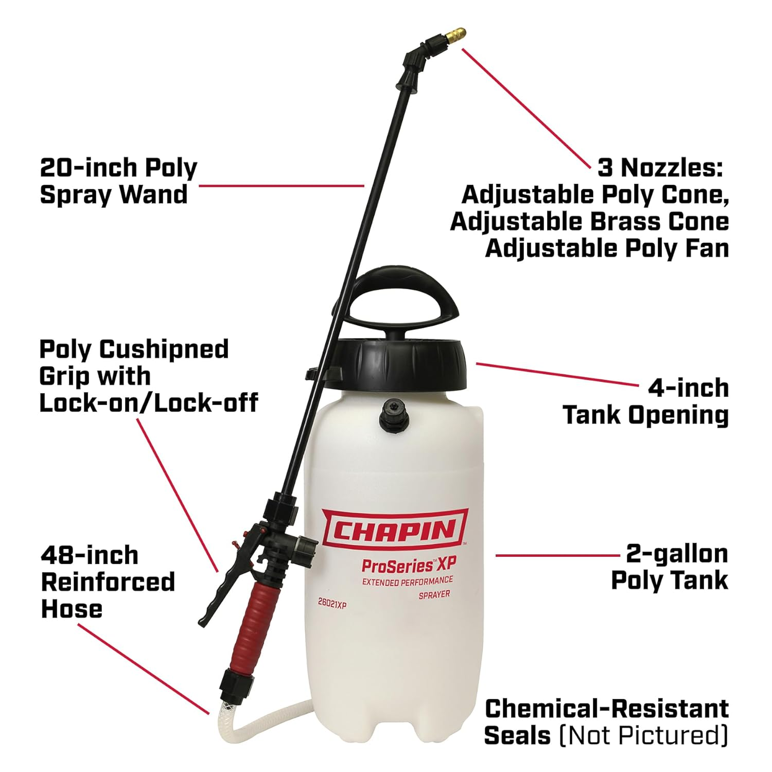 Chapin 26021XP Made in USA 2-Gallon Heavy-Duty Compression Sprayer for Professional Use, with 3 Nozzles -One Brass, Pressure Relief Valve, Comfort Grip Handle, Translucent White image number 4