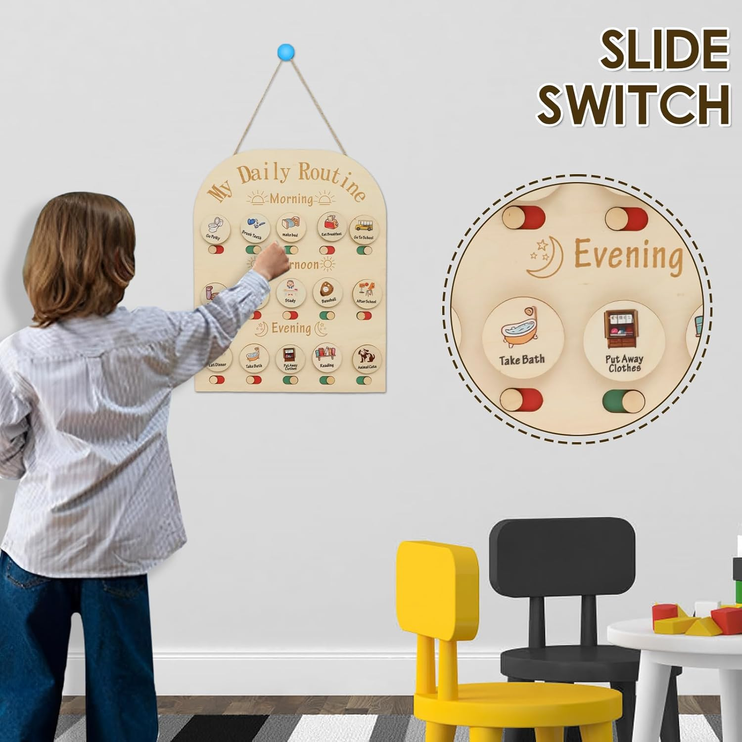 Wood Daily Routine Chart, Time Management Kid Visual Schedule, Slide Change Wood Chore Chart, Learning Materials Daily Schedule Board for Home, Exercise Learning for Children image number 3