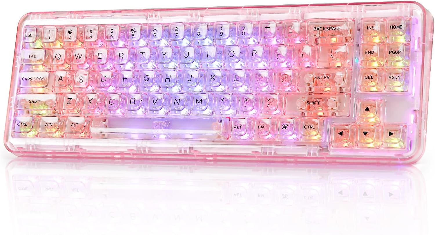 YUNZII X71 Transparent Mechanical Keyboard with Clear Keycaps, BT5.0/2.4G/USB-C Wired Gaming Keyboard 68% 71 Keys,Gasket Mount Wireless RGB Gaming Keyboard for Windows/Mac(Crystal Ice Switch,Cyan)