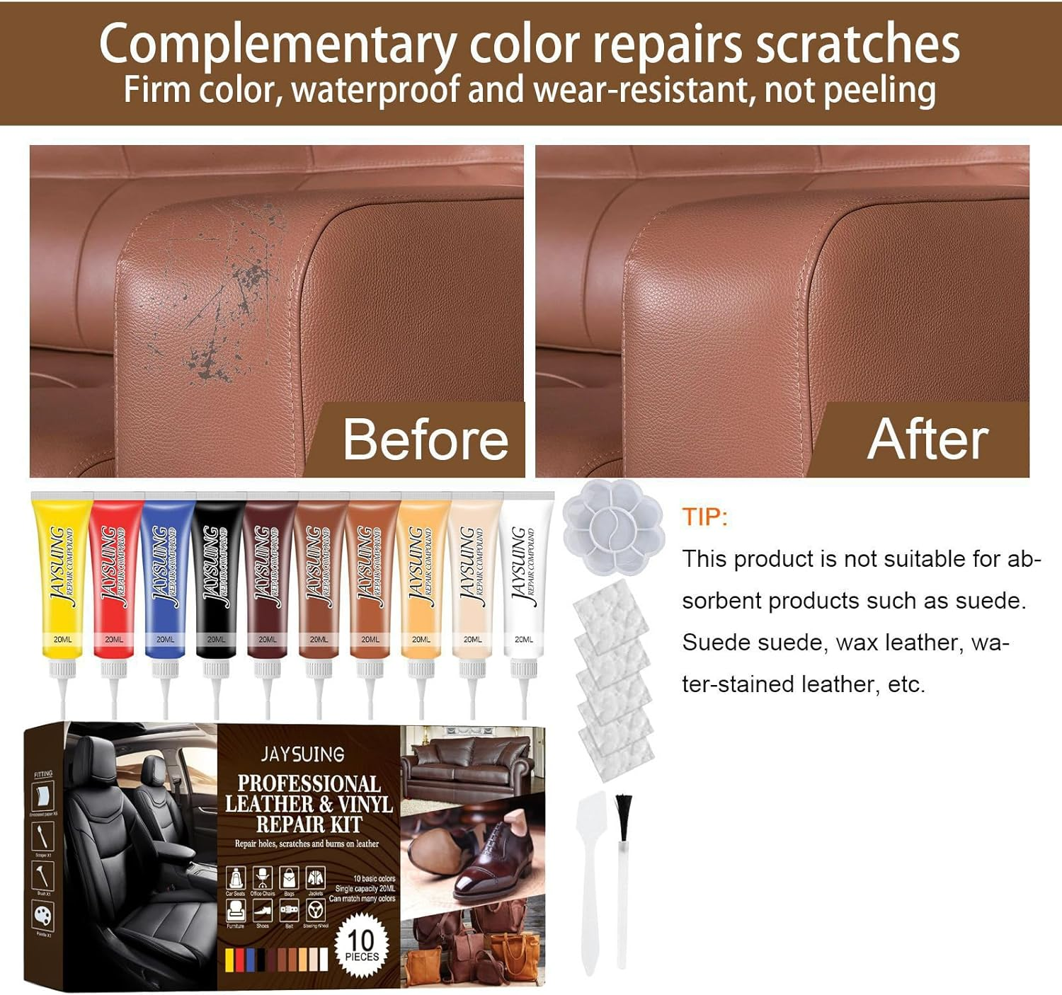 Leather & Vinyl Repair Kit, Vinyl Repair Kit for Car Interiors, Peeling on Furniture, Couches, Car Seat, Sofa, Jacket and Purse, Restores Faux Pleather, Easy Application (Ten Colors) image number 2