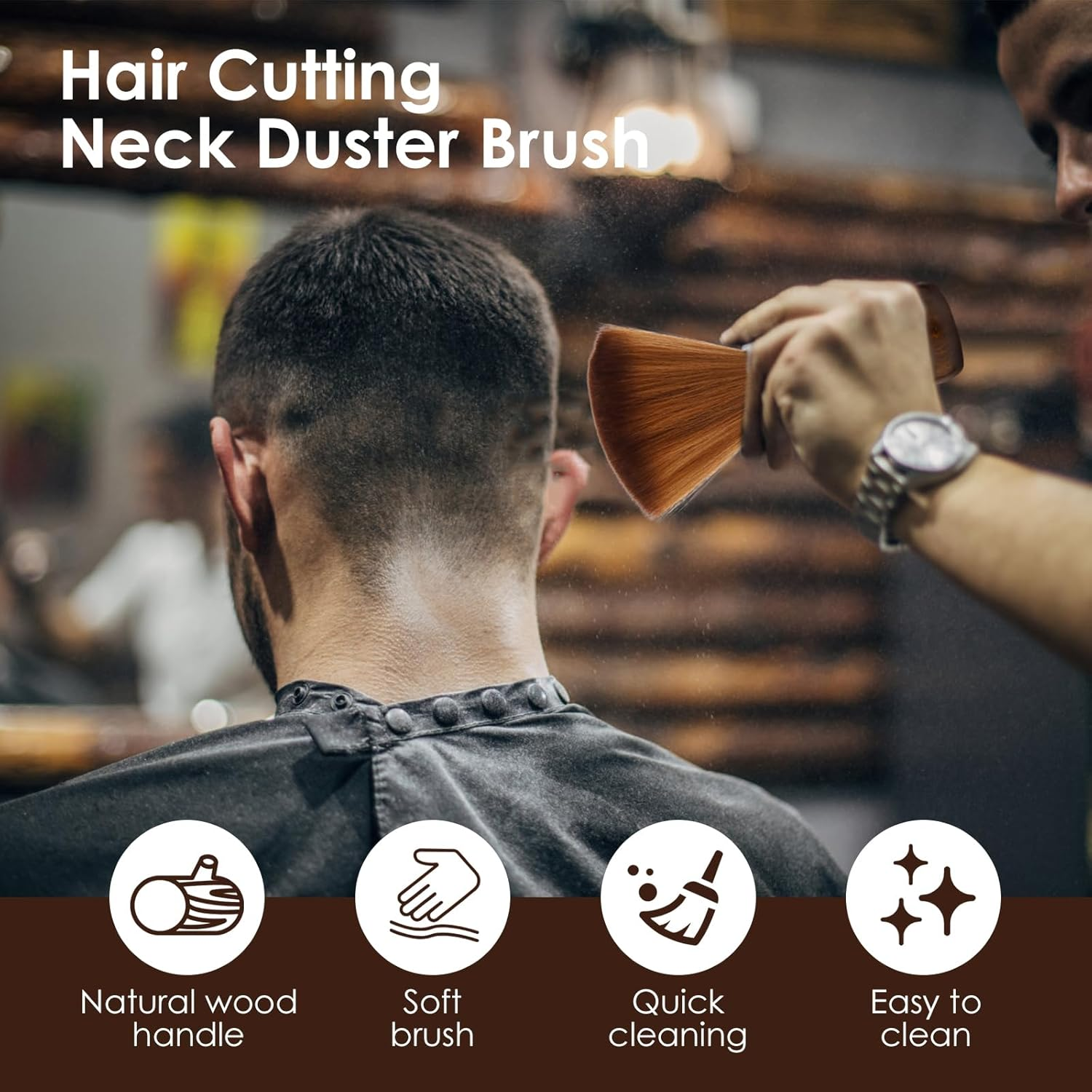 Hair Cutting Neck Duster Brush, Barber Brush, Soft Bristle Neck Duster Brush with Wooden Handle for Salon Barber Hairdressers (Brown) - Brown image number 3
