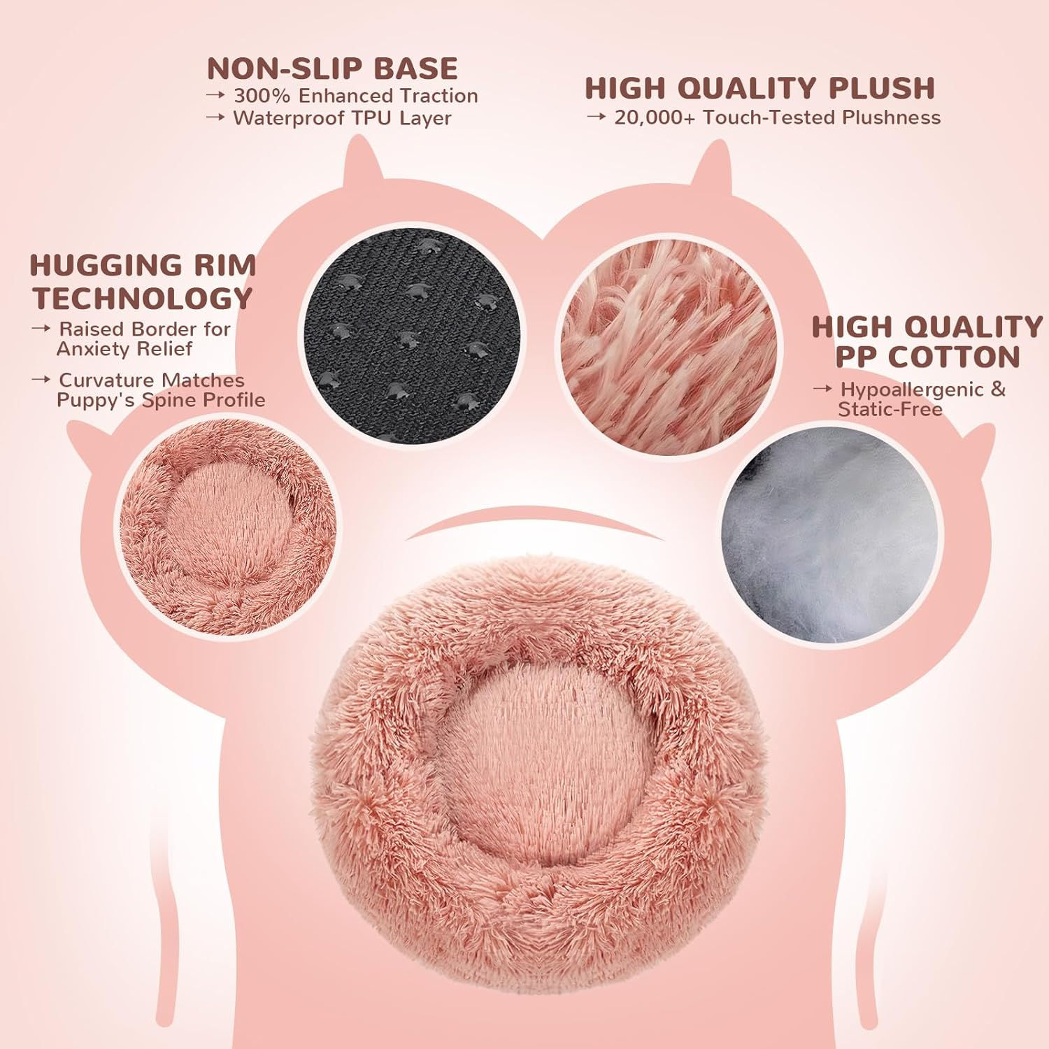 Spring Blossoms - Donut-Shaped Dog and Cat Bed, Non-Slip and Fluffy in Fur, Machine Washable (Fairy Pink, 70Cm) image number 6