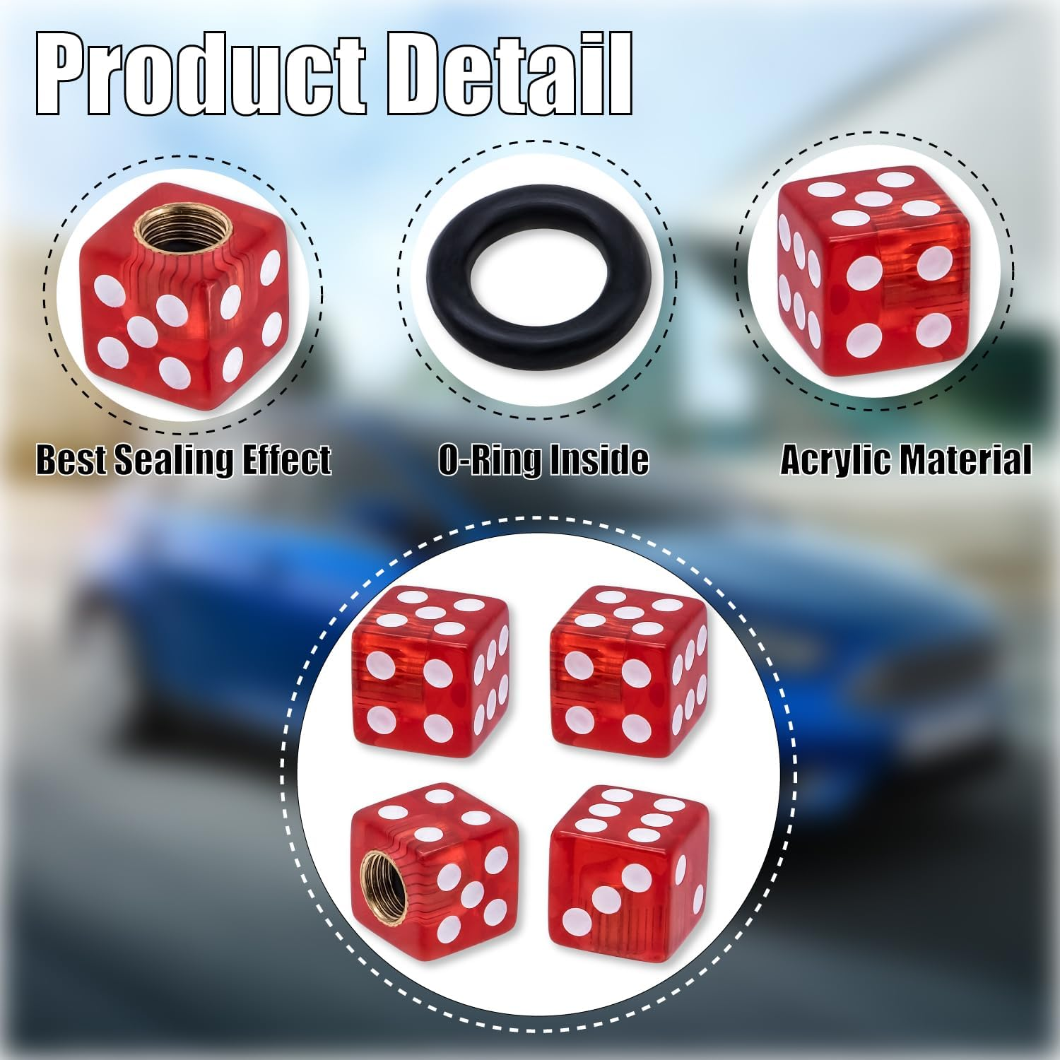 MEAJOO 4PCS Dice Shape Tire Valve Stem Caps, Universal Copper Core Dustproof Tire Valve Stem Covers for Cars, SUV, Trucks, Bikes, Motorcycles, Bicycles(Red) image number 4