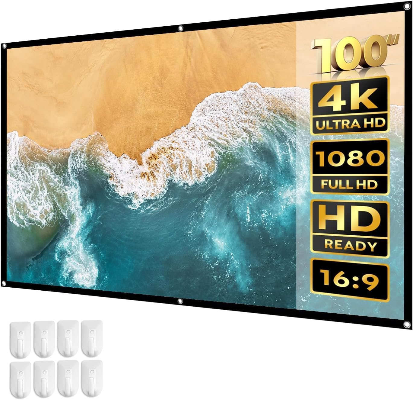 100 Inch Projection Screen, 16:9 HD 4K Foldable Portable Projector Screen, Washable Movies Screen for Home Theater Outdoor Indoor Support Double Sided Projection