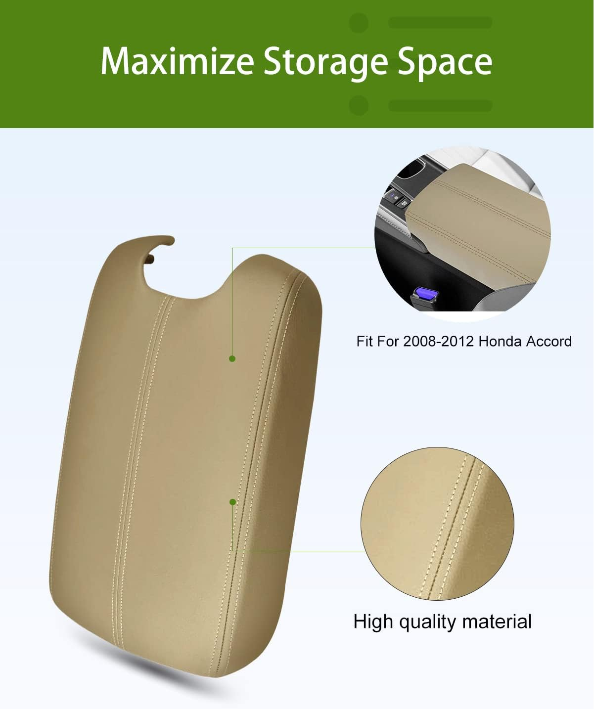 UMISHI Center Console Armrest Cover for 2008 2009 2010 2011 2012 Honda Accord Auto Leather Suture Console Lid Cover Replacement (Beige)