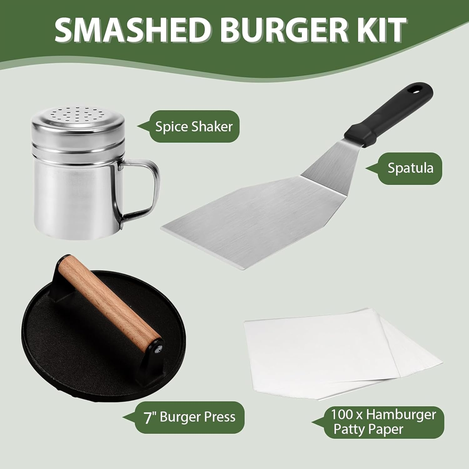 Ultimate Smash Burger Press Kit &ndash; Heavy Duty Cast Iron Press, Spatula, Seasoning Shaker & 100 Patty Papers &ndash; Grill like a Pro on Flat Top or Outdoor BBQ image number 4