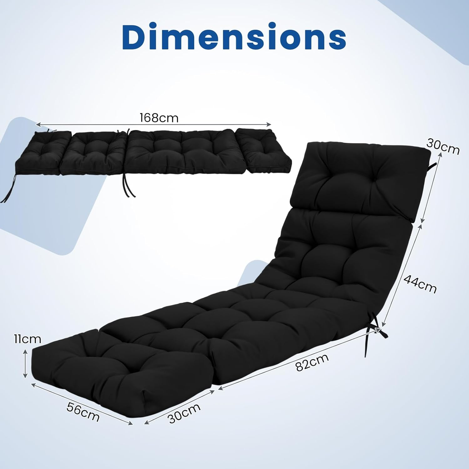 Costway Sunlounger Chair Cushion, High Back Recliner Cushion with 4 Fixing Ties, Thick Padded Reclining Chair Rocking Cushion for Outdoor Indoor (Only Cushion) (2, Black, 186 X 56 X 11 Cm) image number 5