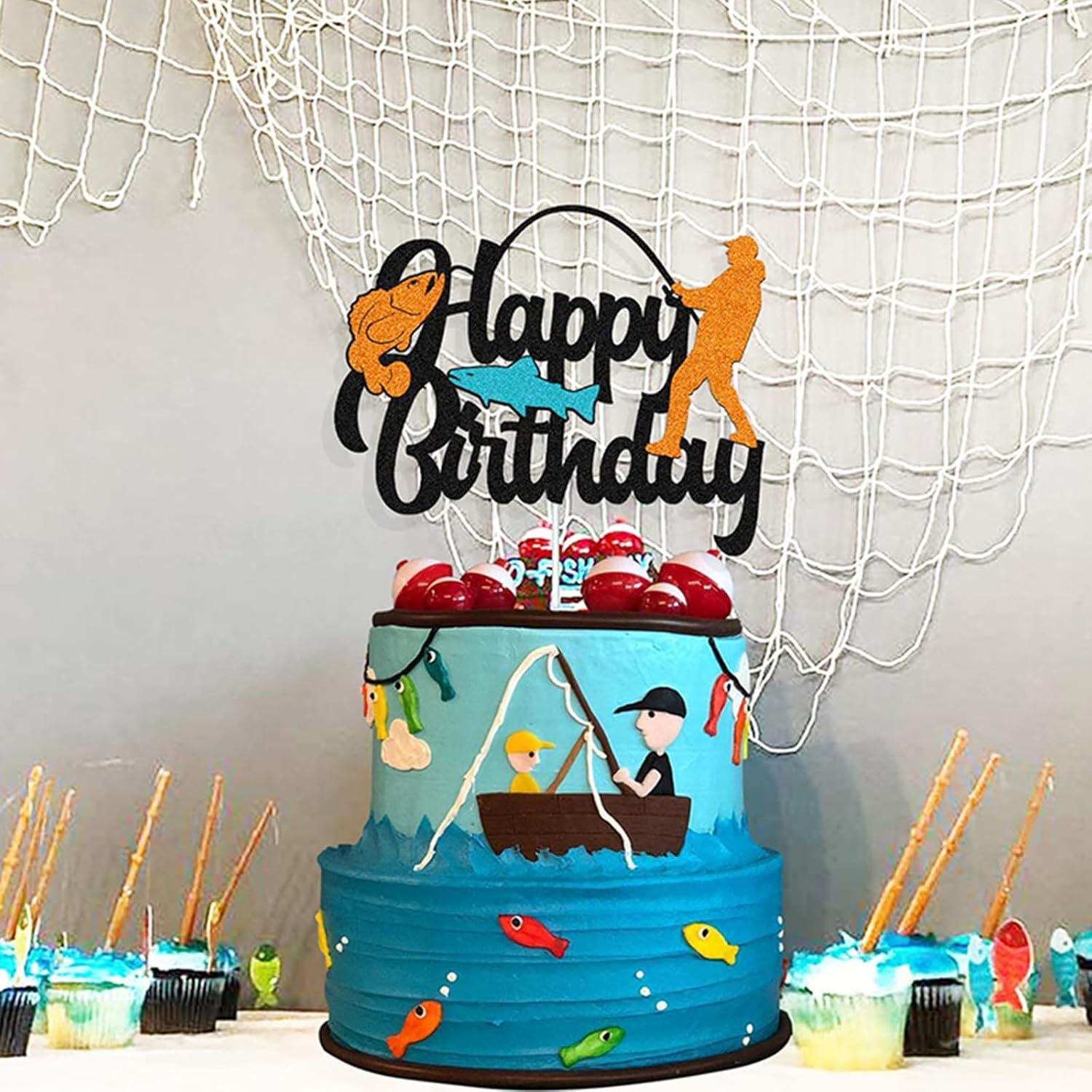 1Pc Fishing Cake Topper Glitter Fisherman Birthday Cake Pick Outdoor Gone Fishing Themed Men Boys Birthday Party Cake Decoration Supplies image number 6