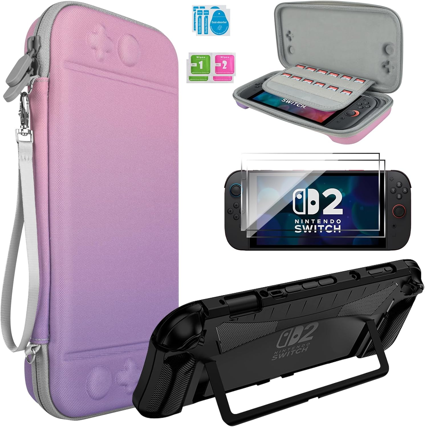 Tcaraersing for Nintendo Switch 2 Protective Travel Carrying Case with 12 X Game Card Slots, 1 Slim Comfortable Grip Cover, 2 Screen Protector, Dedicated Charger & Accessory Storage Pockets， Purple