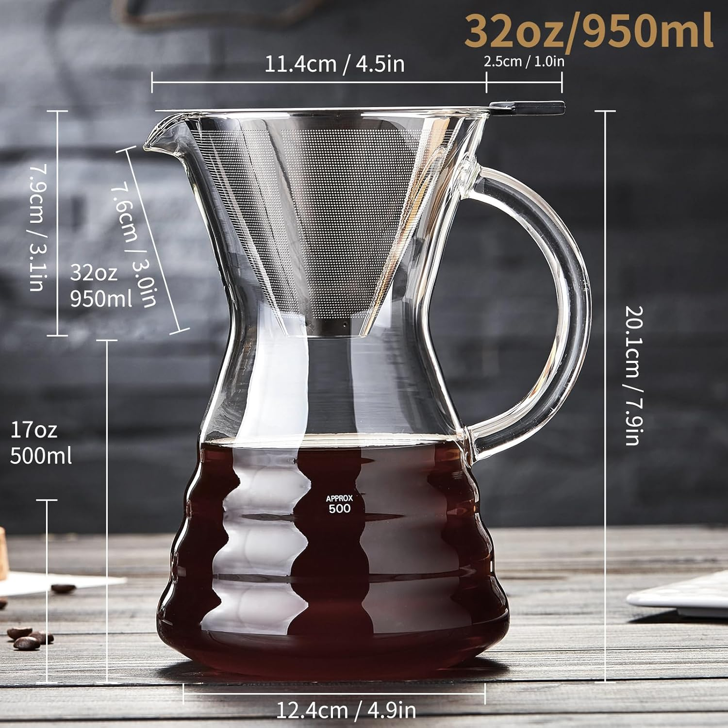Unbreakable Pour over Coffee Maker with Permanent Stainless Filter 8 Cup, Thickened Heat-Resistant Borosilicate Glass Dripper Coffee Brewer, Stovetop Safe
