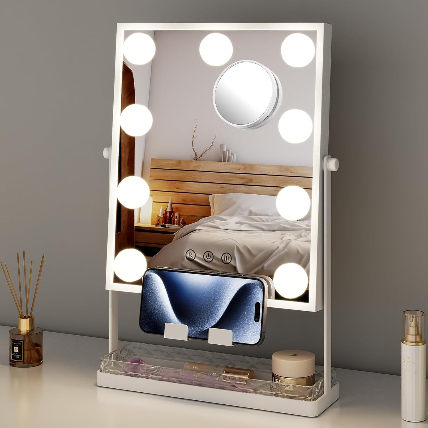 AOBOSI Vanity Mirror with Detachable 10X Magnifying Mirror, Hollywood Makeup Mirror with 9 Dimmable Bulbs, 3 Color Lights, Adjustable Brightness, 360&deg; Rotation, Storage Base & Phone Holder, White image number 1