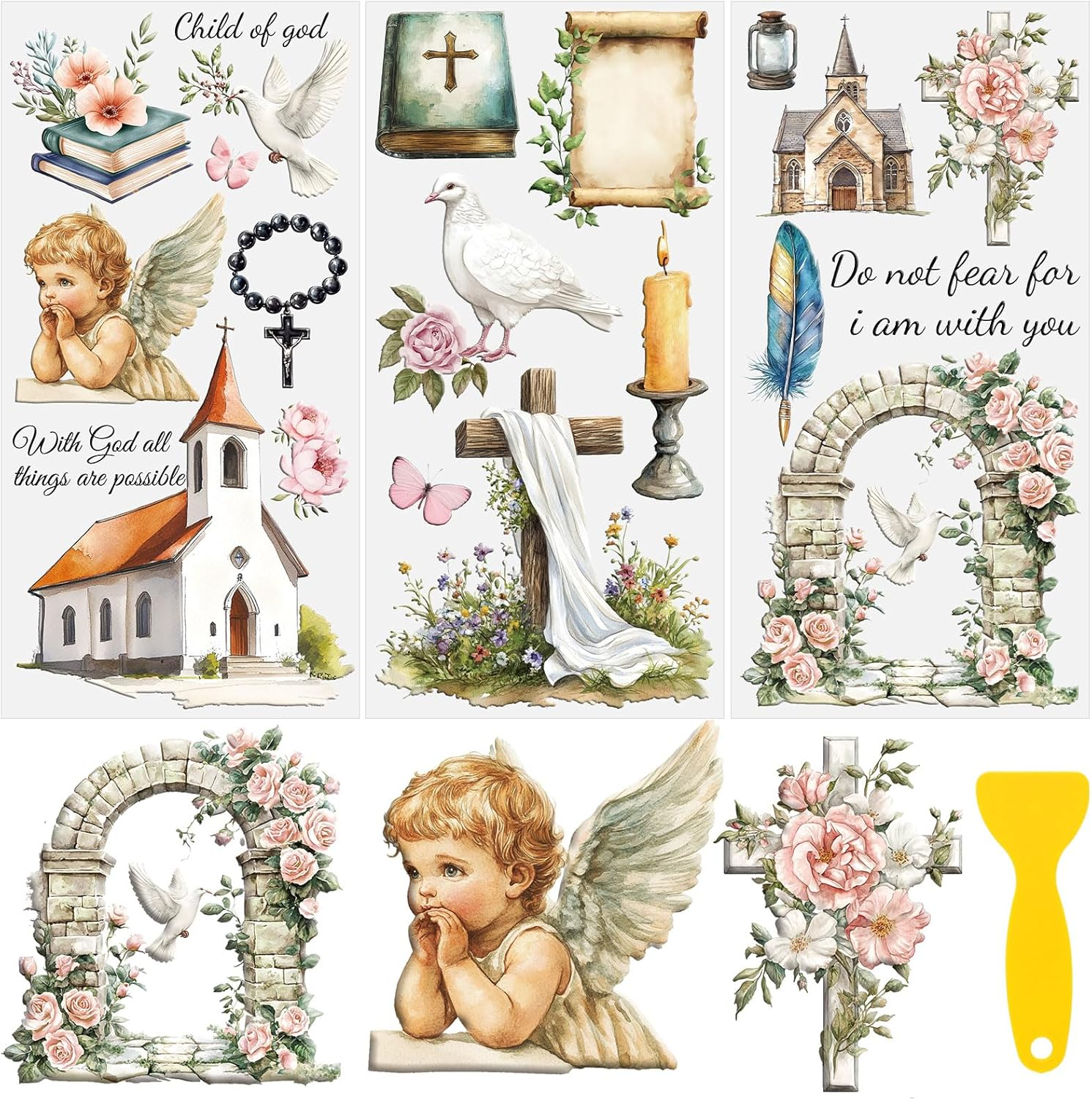 HICOHAND Rub on Transfers for Crafts, 3 PCS Cross and Church Transfers for Furniture Rub on Transfers Stickers Decal 5.91*11.81In/15*30 Cm. for Wood Wall Window Home Office DIY Art Craft Decoration