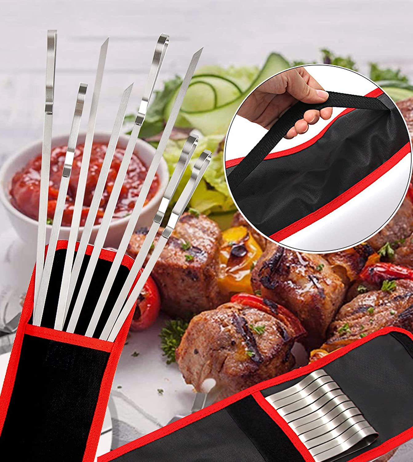 17 Inch Long Stainless Steel Skewers for Kabobs, Flat Shish Kabob Barbecue Skewers with Storage Bag - Metal BBQ Skewers for Grilling Meat, Chicken, Shrimp, Vegetables - 10 Pack image number 2