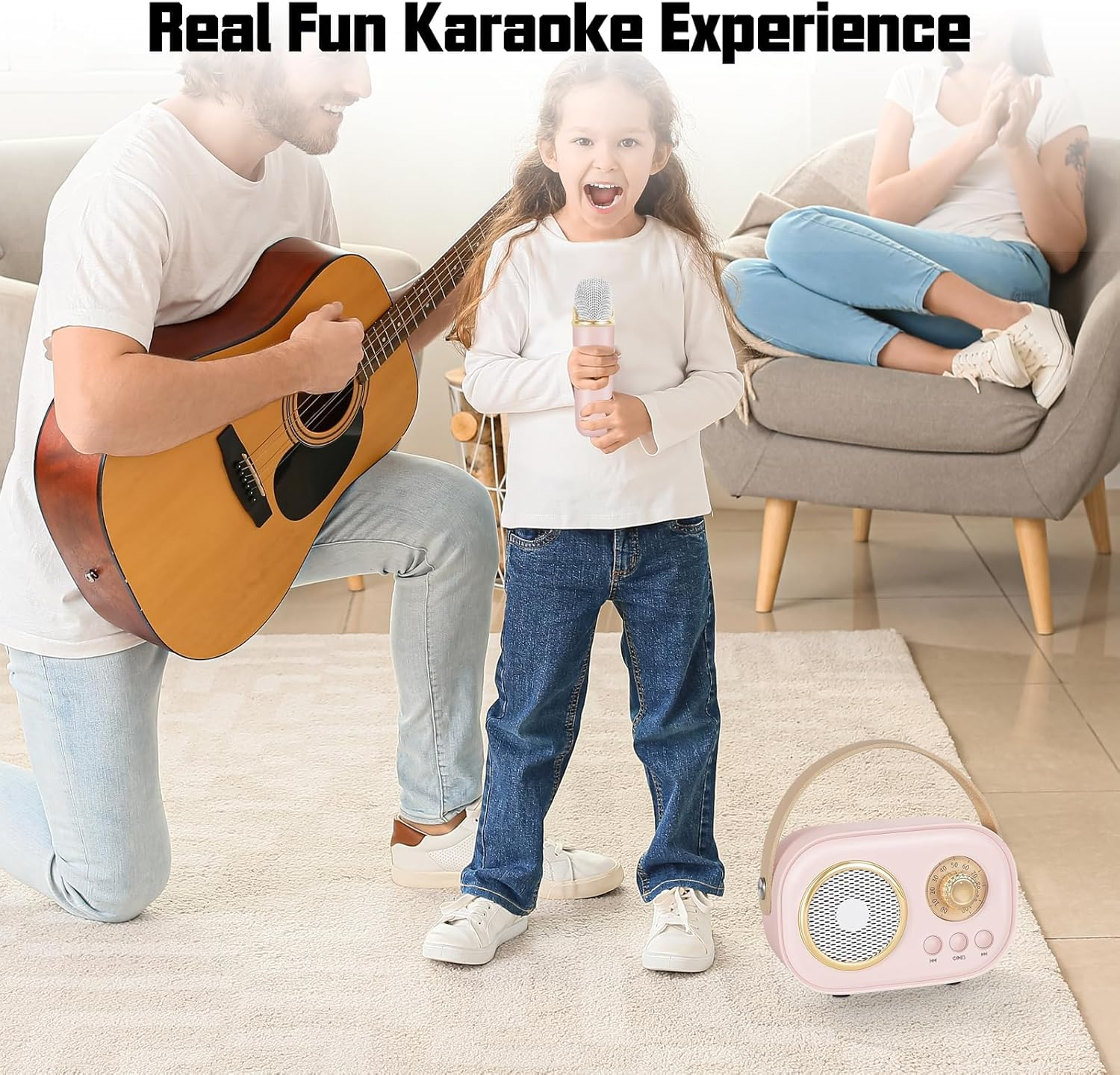 Portable Karaoke Machine for Kids and Adults, Bluetooth Speaker with 2 Wireless Microphones, Fun Gifts for Girls Aged 3-8+ Years, Perfect for Family Parties, Home, Travel, and Birthday image number 3