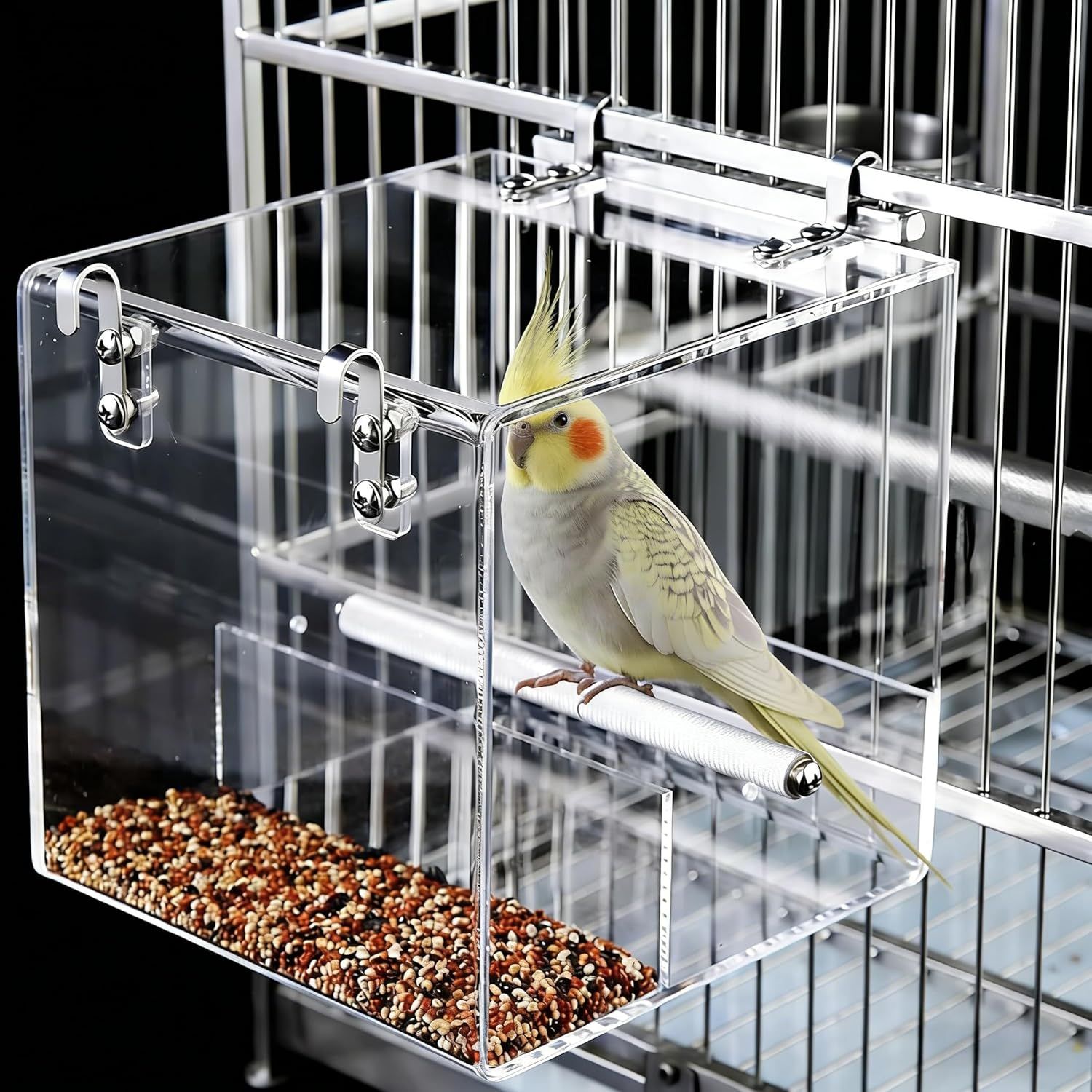 Acrylic Bird Feeder, Large Transparent Leak Proof Food Dispenser, Designed for Birdcages without Mess, Equipped with Stainless Steel Hooks, Suitable for Birds Such as Parrots, Canaries image number 1