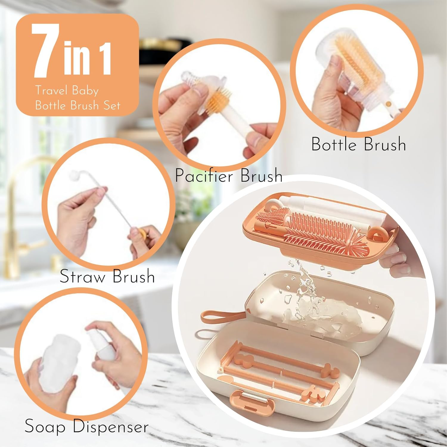 Travel Baby Bottle Brush Set with Portable Silicone Bottle Brush Nipple Cleaner Brush Straw Brush Soap Dispenser and Bottle Drying Rack (Green) - White image number 7