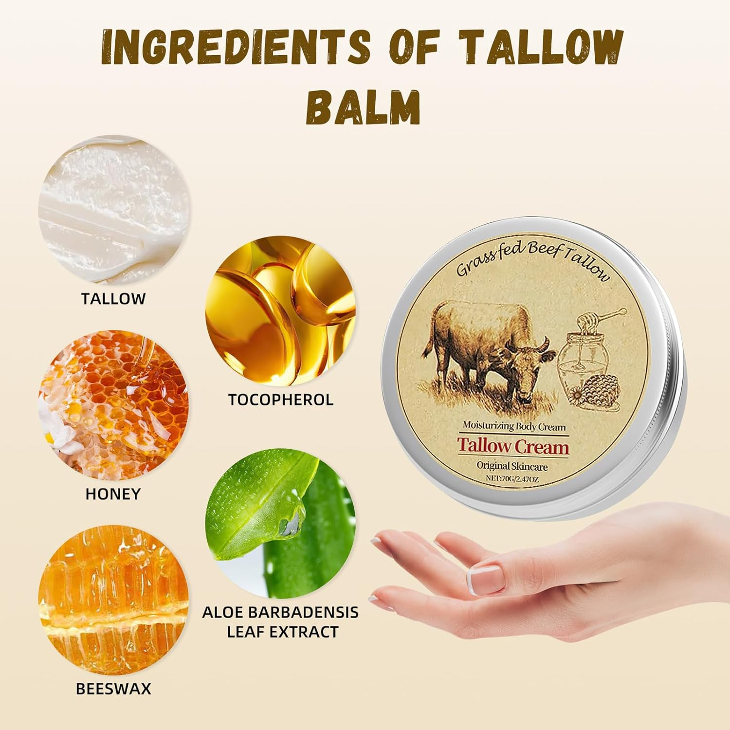 Beef Tallow for Skin, Beef Tallow and Honey Balm, Beef Tallow Face Moisturizer Hydrates and Nourishes the Skin, Whipped Tallow Honey Balm Natural Beef Tallow Lotion for Body Skin Care(2.470Z) image number 1
