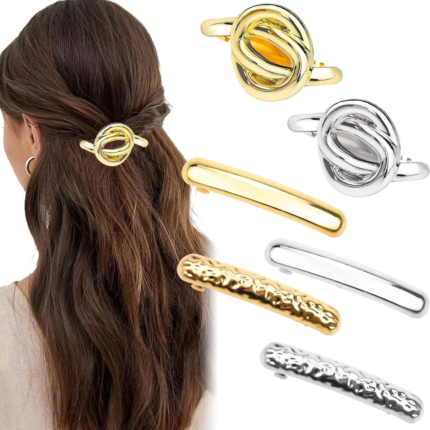 6PCS Metal Gold Hair Cuffs for Ponytails Geometric Elastic Hair Clips High Ponytail Hair Buckles Decorative Barrettes Strong Hold Hair Accessories for Women (Gold+Silver) image number 2