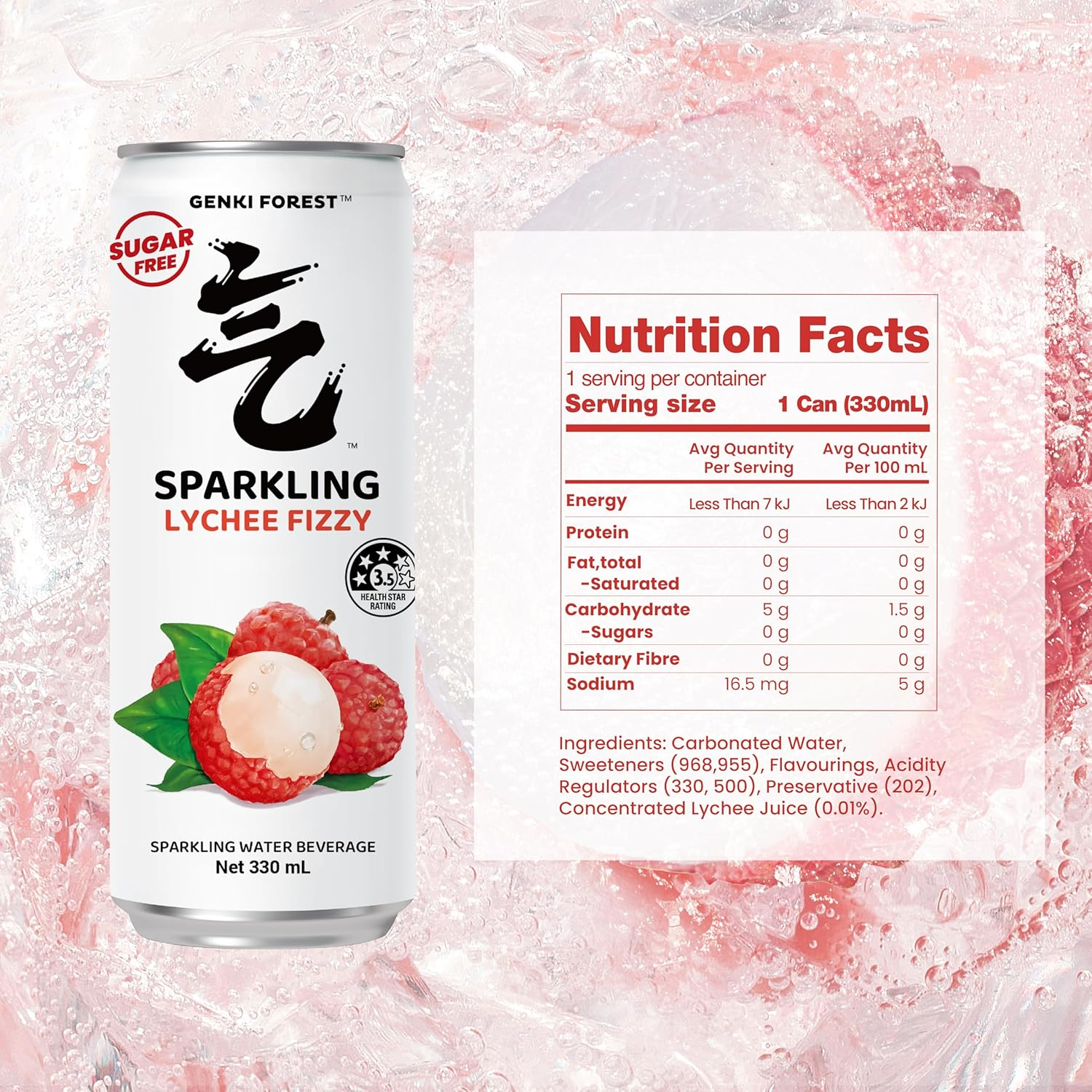GENKI FOREST Lychee Fizzy Sparkling Water Beverage, Zero Sugar Drinks, 330Ml X 24 CANS image number 1