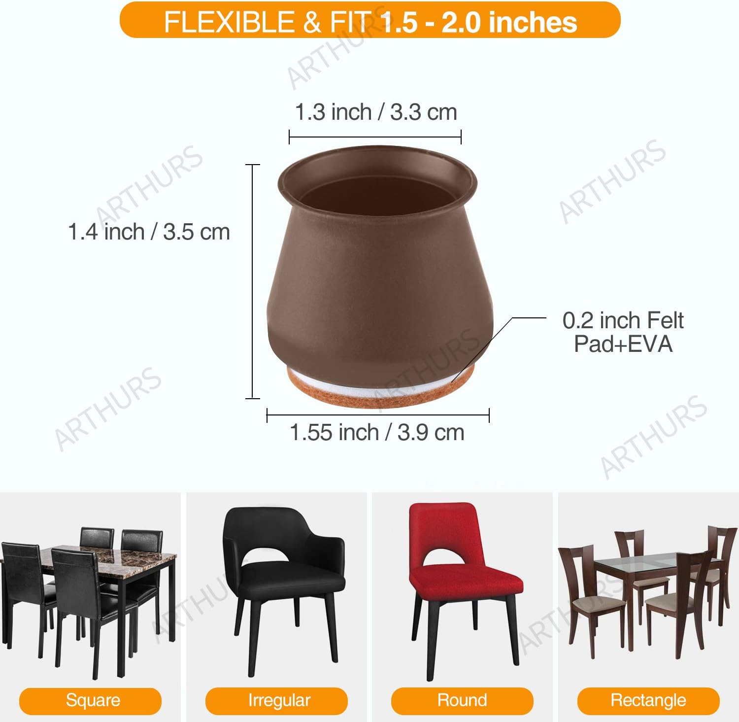 Dark Brown Silicone Chair Leg Floor Protectors with Felt, Chair Leg Caps, Silicon Furniture Leg Feet Protection Cover Protect Hardwood Floor anti Scratch 16 Pcs (Large Fit: 1.5" - 2.0", Brown) image number 2