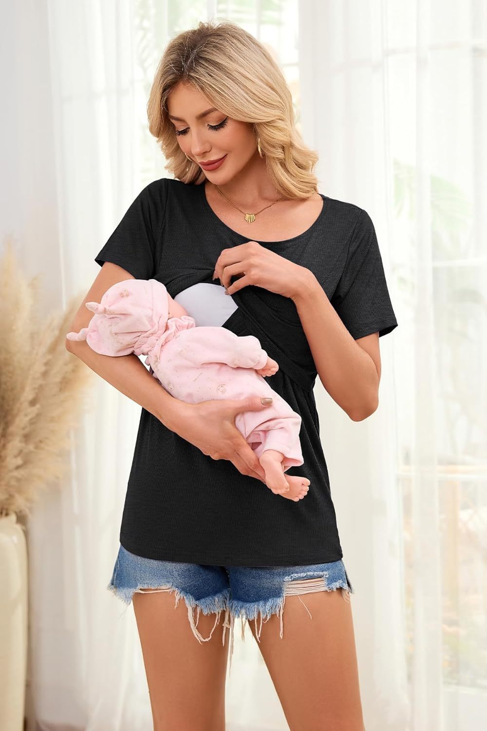 Smallshow Women'S Nursing Tops Ribbed Short Sleeve Breastfeeding Shirts 4 Pack image number 6