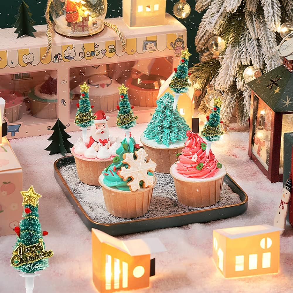 Pack of 12 Christmas Cupcake Toppers, Cake Decoration, Merry Christmas Mini Cake Topper, Christmas Tree Cake Topper, Cake Decoration for Xmas Party image number 2