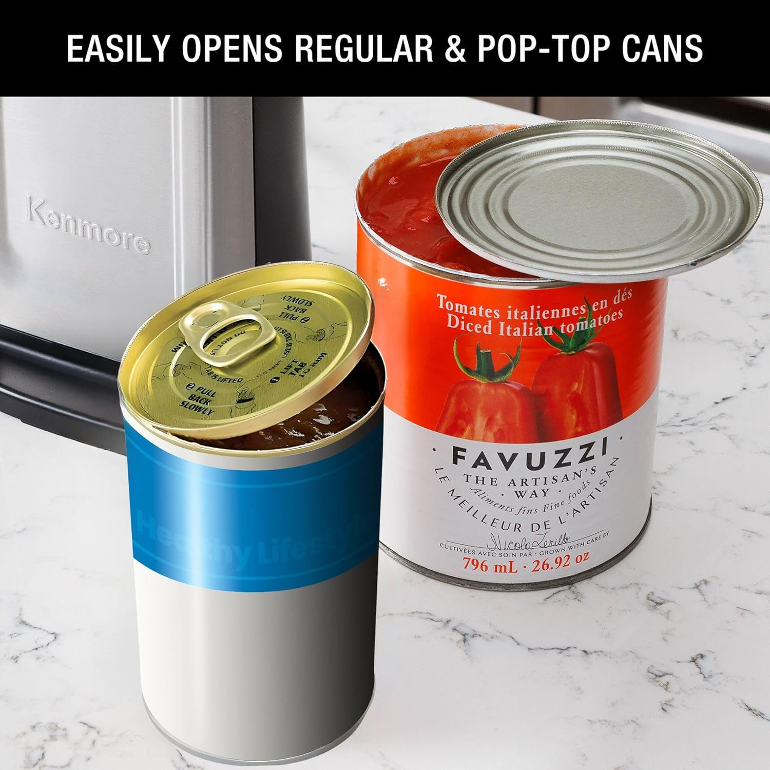 Kenmore Electric Can Opener | Extra-Tall Electric Tin Opener Smooth-Touch Side-Cut Blade | Automatic & Easy Operation, Opens Regular & Pop-Top Cans | Prevents Sharp Edges, Black & Stainless Steel image number 5