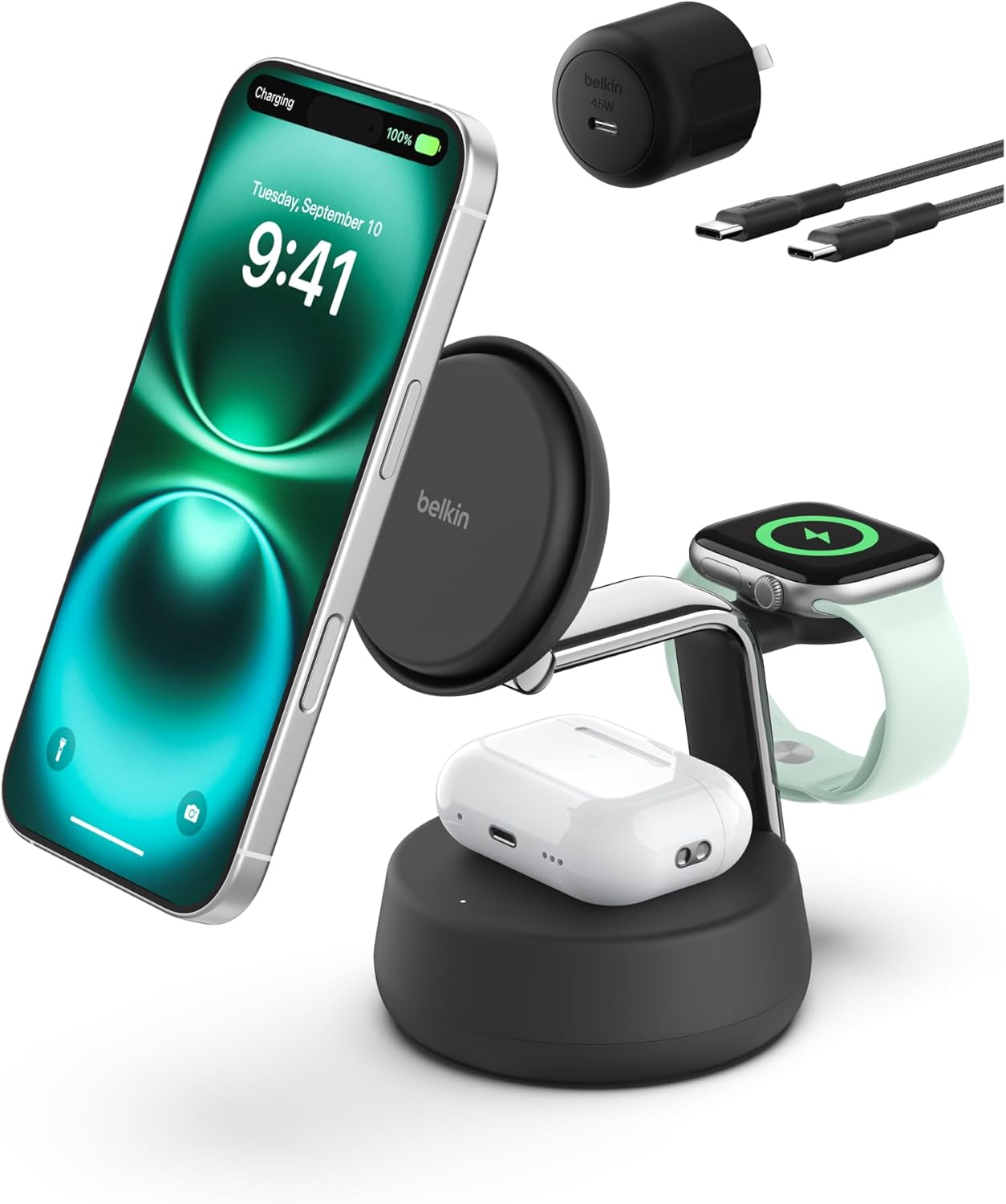 Belkin Magsafe Charger Compatible, 3-In-1 Qi2 Wireless Charging Dock 25W, Adjustable Wireless Charger for Iphone 16, Apple Watch, Airpods, Desktop Phone Stand for Travel W/ 45W Adapter - Charcoal image number 4