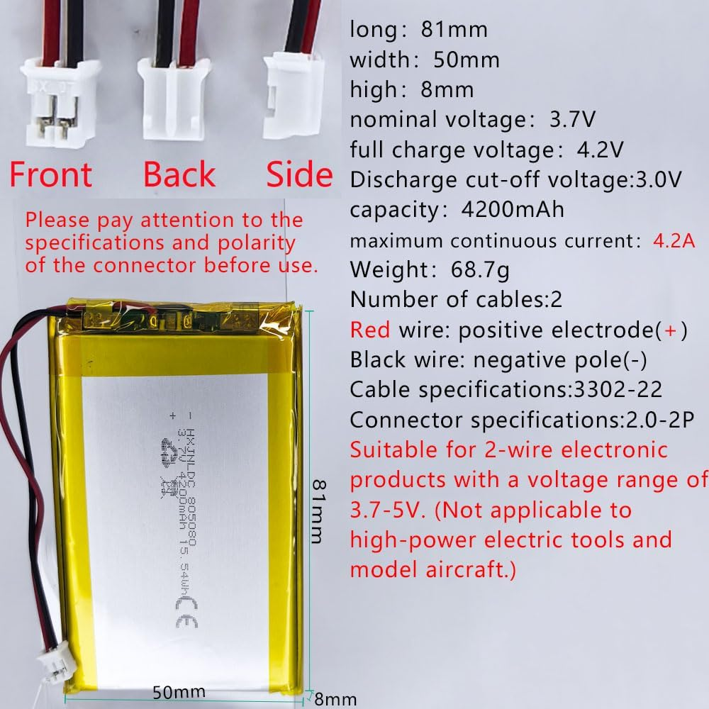 DC 3.7V 4000Mah 805080 Rechargeable Lithium Polymer Battery, Suitable for DIY 3.7-5V Electronic Products with Built-In 2-Wire Battery Replacement and LED Lights image number 4