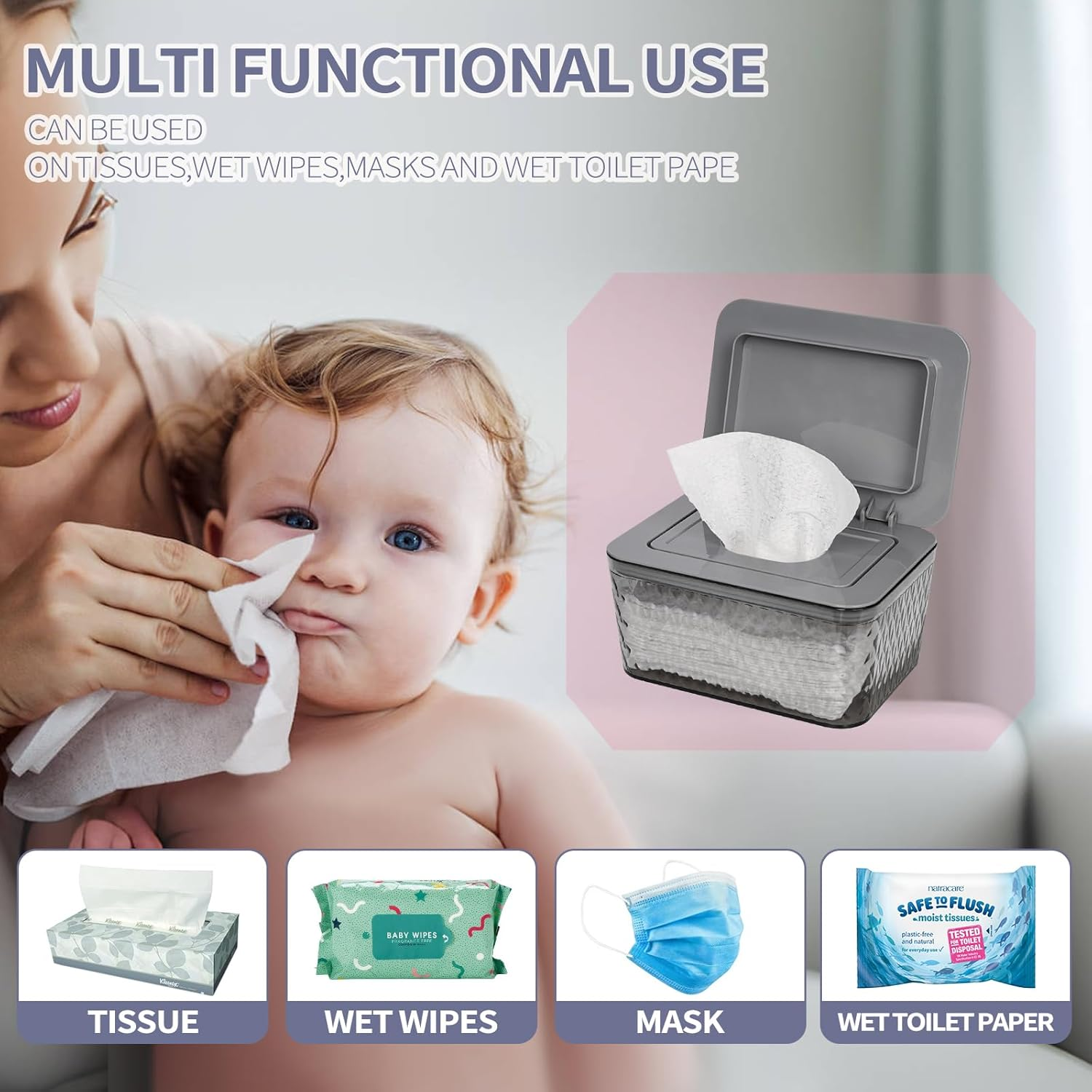 Wipes Dispenser, One-Handed Operation Wipe Holder for Baby & Adult, Seal-Designed Wipes Container for Bathroom Keep Diaper Wipes Fresh (Grey)