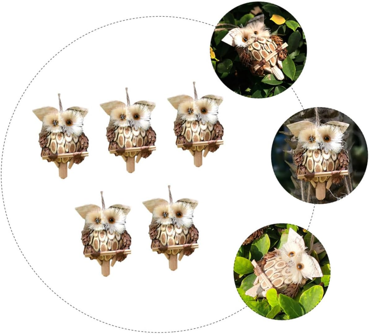 Yardwe 5Pcs Owl Pendant Christmas Decorations Ornament Log Bark Craft Wall Decor Mini Figurine Outdoor Wall Art Rustic Scene Elk Squirrel Hanging Decor image number 4