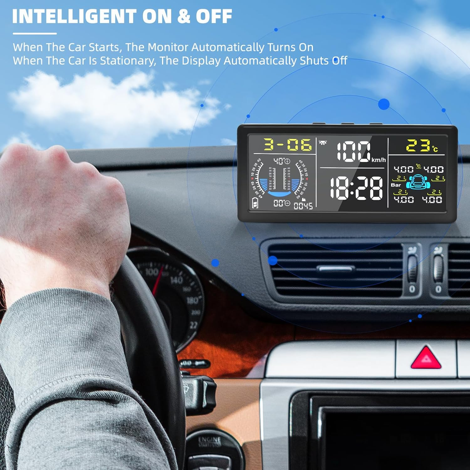 8-In-1 Advanced Tyre Pressure Monitoring System W/4 TPMS Sensors, Real-Time Multifunctional Monitor System W/Slope Meter,Altitude,Speedometer,Car/Tiretemperature,Date,Time HUD Display for Vehicle image number 4