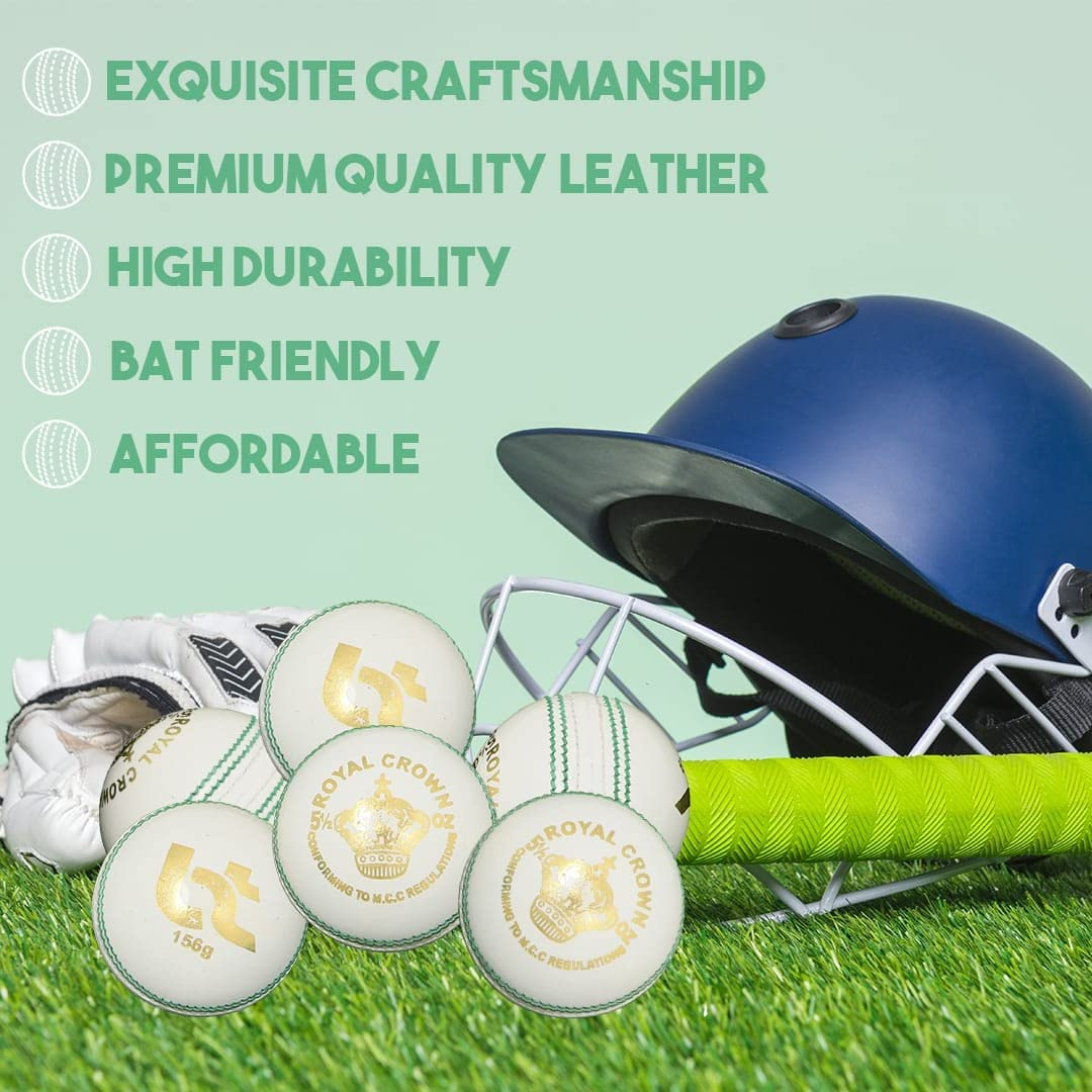 BT White Cricket Ball - Pack of 6 Genuine Leather Cricket Balls for Day or Night International Standard Cricket and Practice | Bat-Friendly Hard Cricket Ball Made from Sustainable Sources | 156G image number 4
