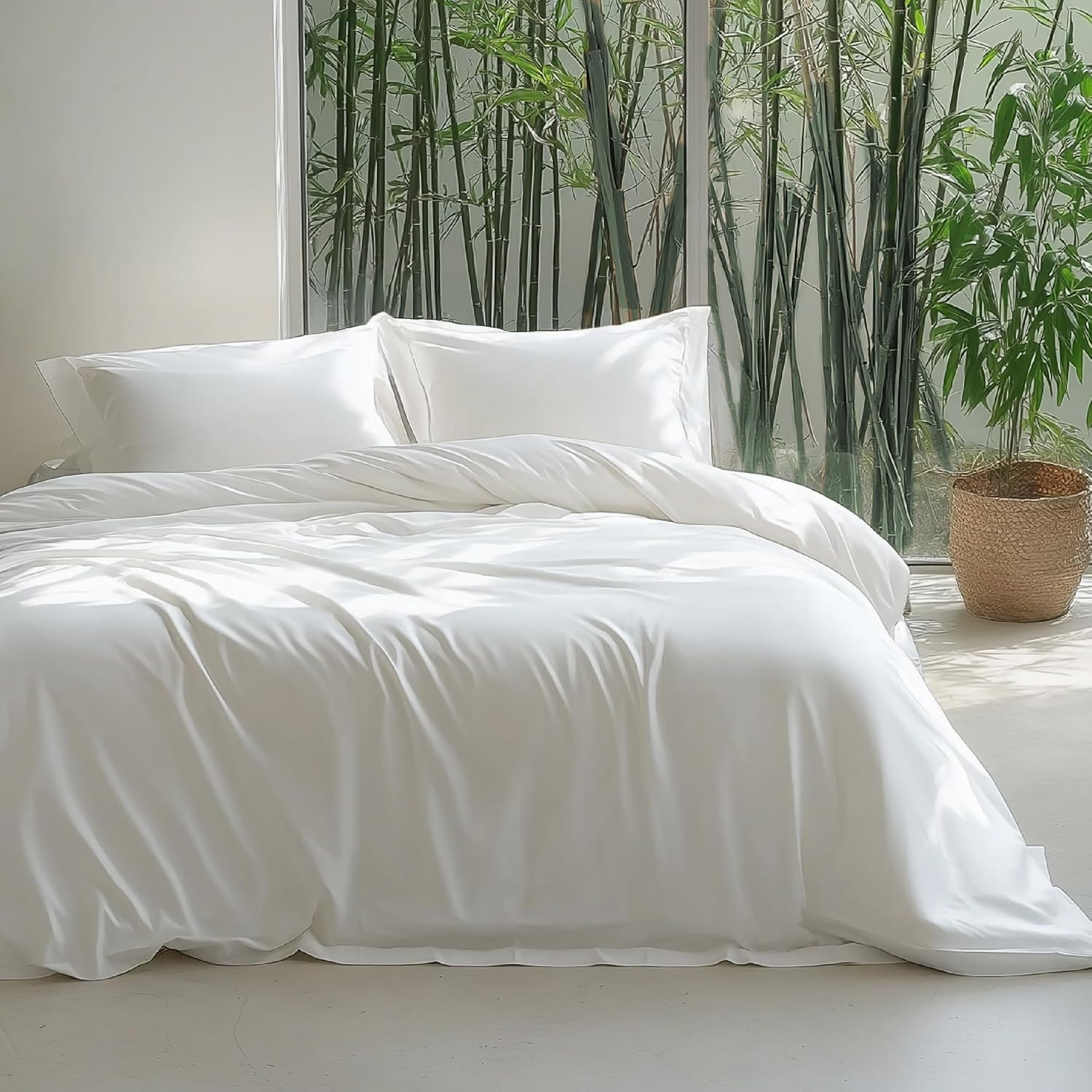 Bedsure Silky Cooling Queen Quilt Cover Set - Lightweight 100% Rayon Derived from Bamboo Doona Cover Queen for Hot Sleepers, Breathable & Moisture-Wicking Bedding Set, White