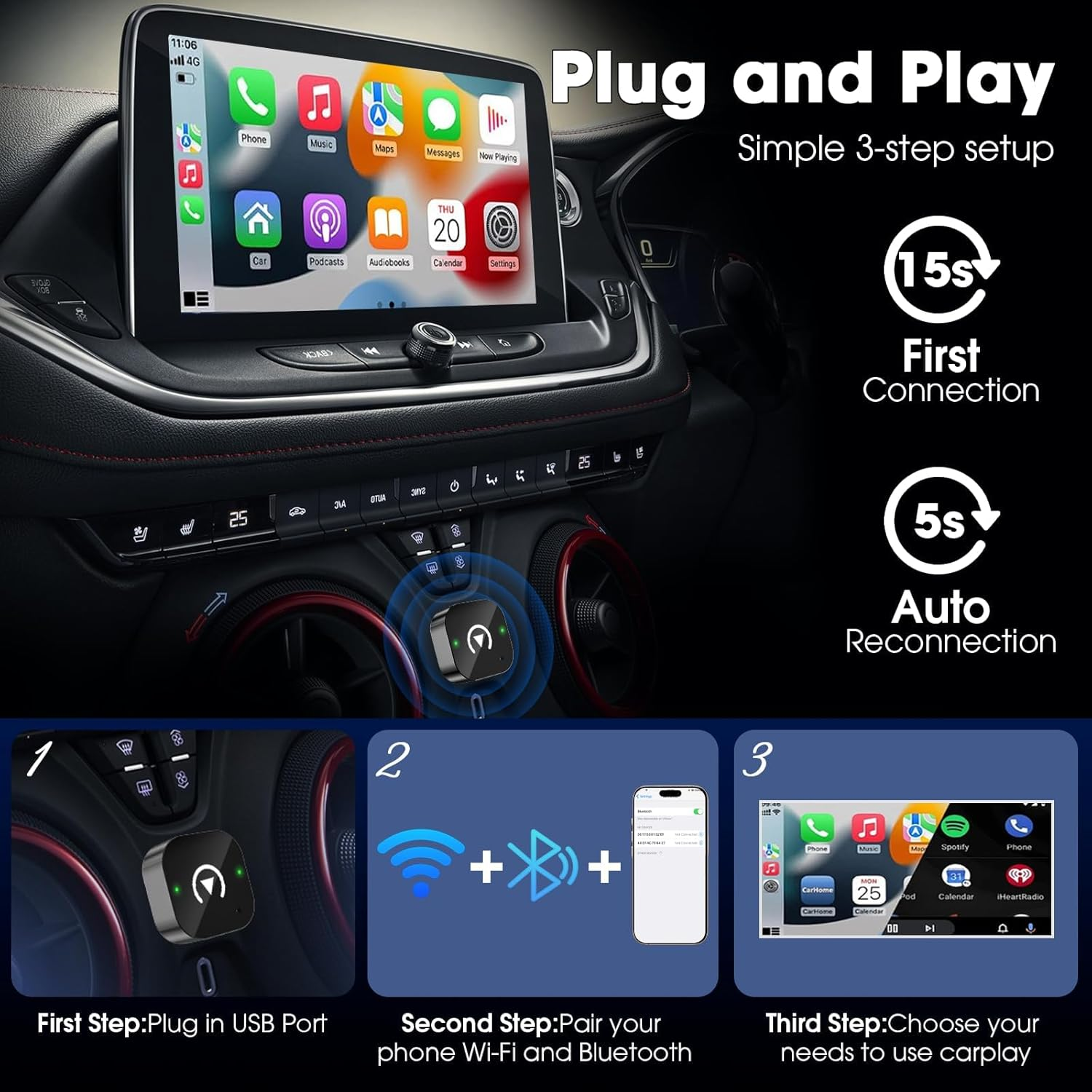 Wireless Carplay Adapter & Android Auto,2025 Upgrade Wired Carplay to Wireless,2-In-1 Mini USB Design with Fast Stable Connection Car Play for Apple Ios 10+, Android 11+ Version image number 2